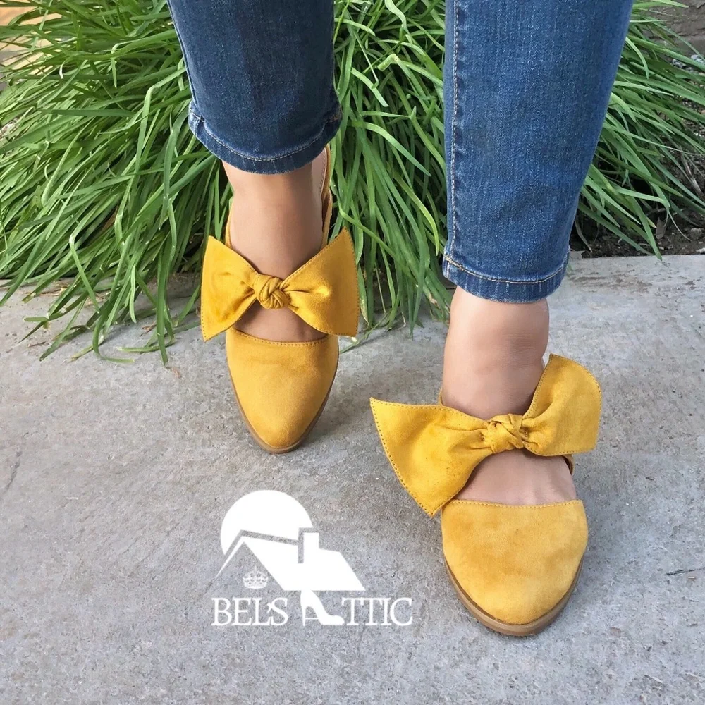 Mustard Stacked Leather Block Heel Bow Mule - Picture 2 of 9